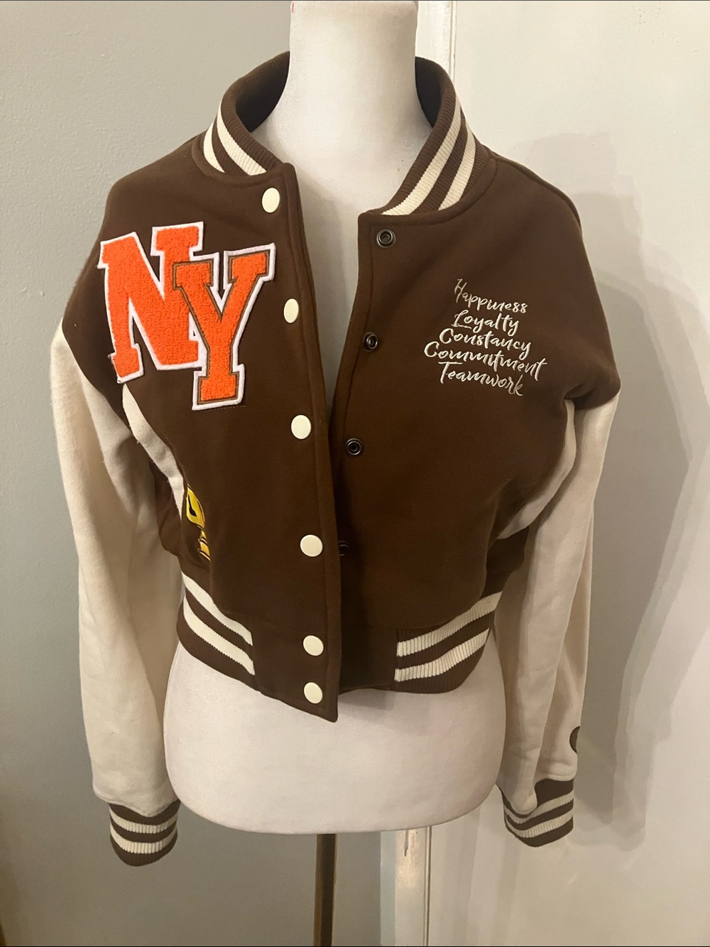 Cropped Brown and Cream Varsity Jacket with NY Patch